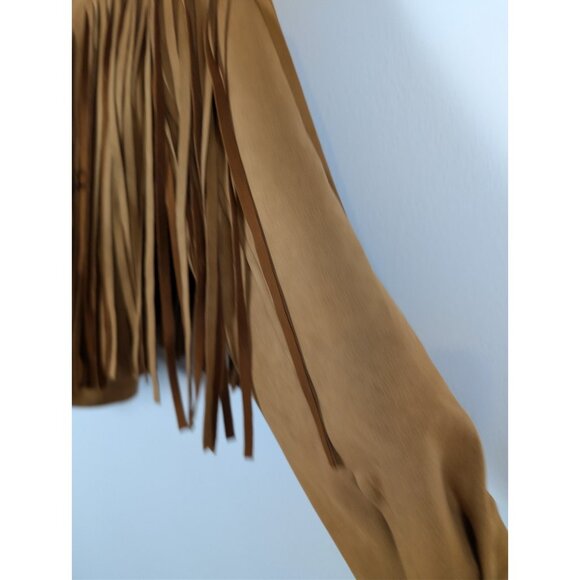 Nasty Gal Women's Camel Tan Fringe Faux Suede Jacket Western Cowgirl Size Small - Picture 14 of 16